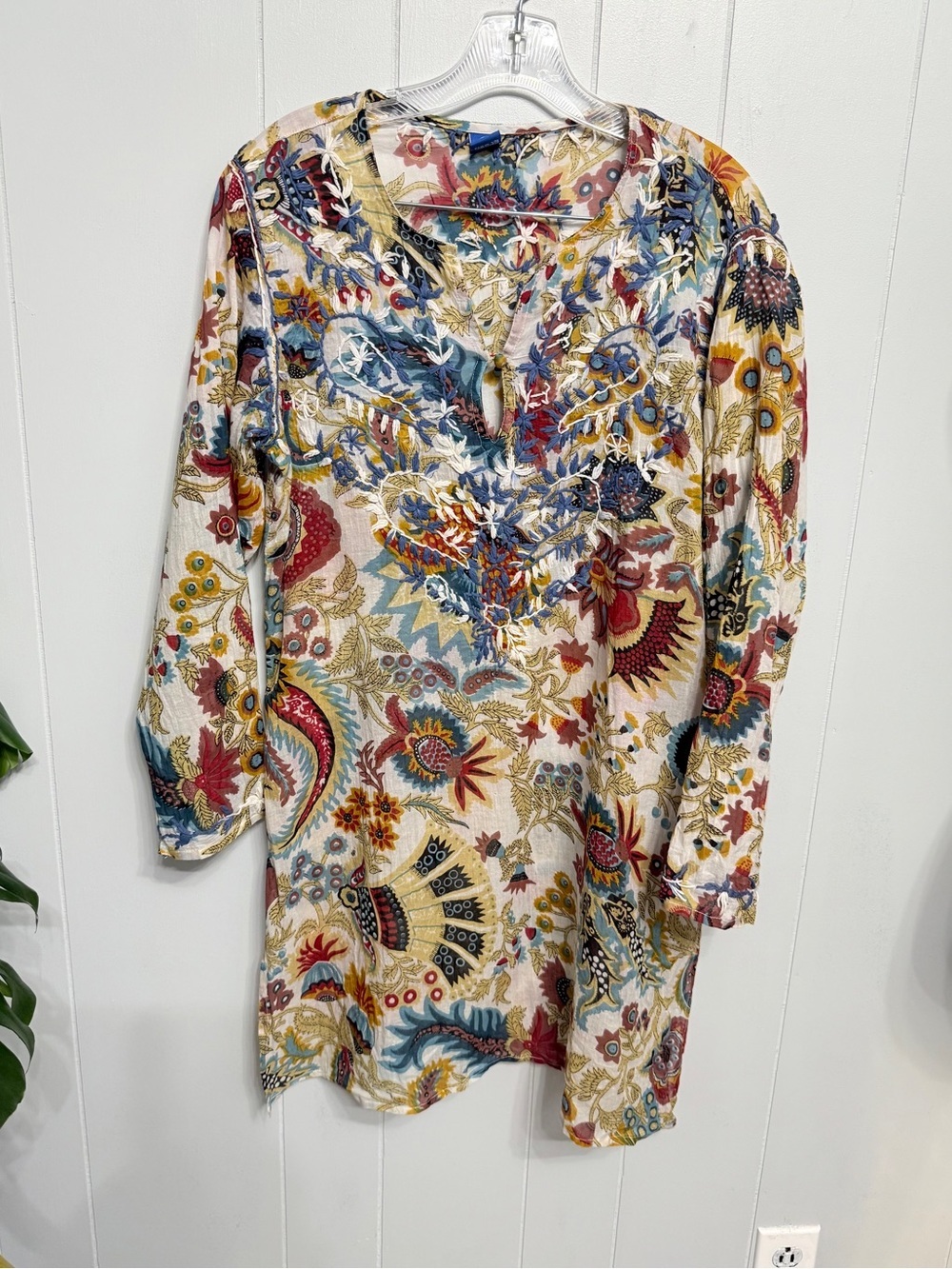 #16)  Raj Multicolor Floral Cotton Tunic with Blue/White Embroidery